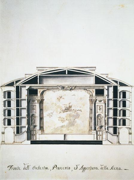 Cross section view of a theatre on the Grand Canal showing the stage and orchest od Pietro Bianchi