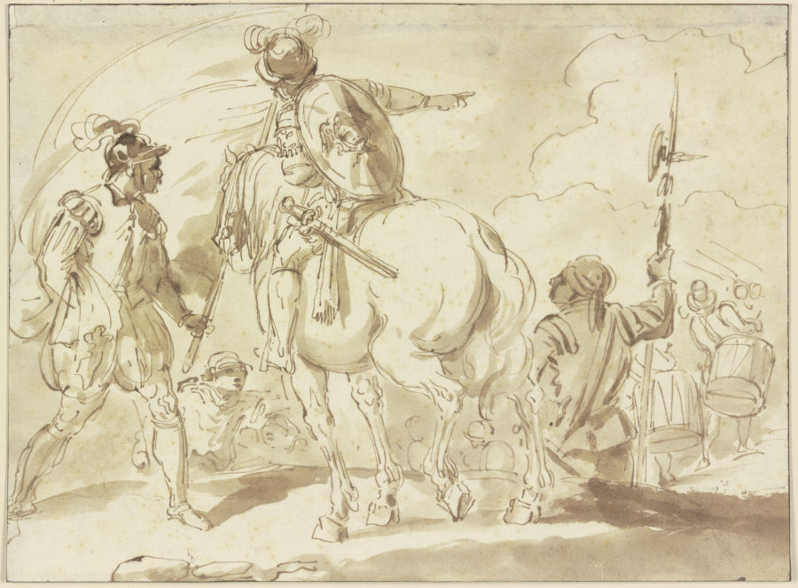 Ein Fahnenträger, ein Reiter und ein Helebardier, in der Ferne zwei Trommler od Pietro Palmieri d. Ä.