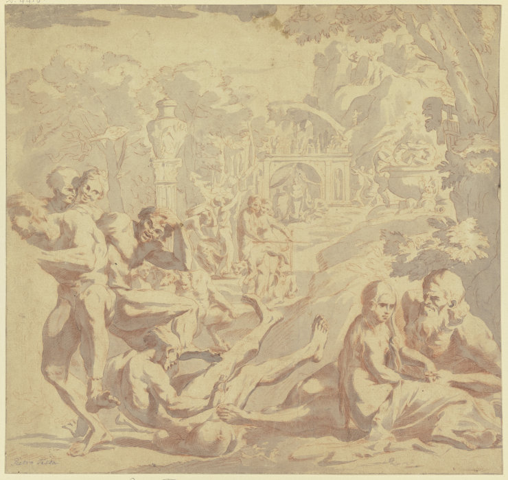 Bacchanal, rechts liebkost ein alter Mann ein Mädchen, links fällt ein Mann über einen Weinschlauch od Pietro Testa