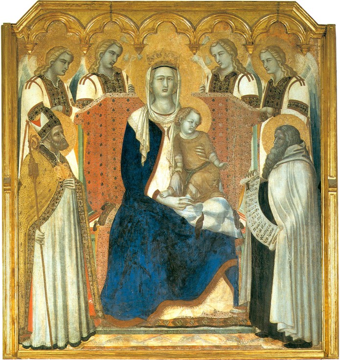 Madonna and Child Enthroned between Saint Nicholas and Prophet Elijah (Madonna del Carmine) od Pietro Lorenzetti
