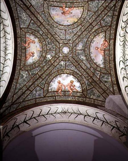 The semicircular ionic portico, detail of the ceiling vault decorated with putti in a garden od Pietro Venale