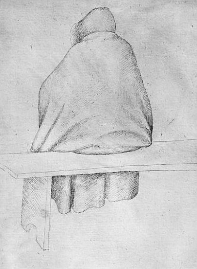 Monk seated on a bench, seen from behind, from the The Vallardi Album od Pisanello