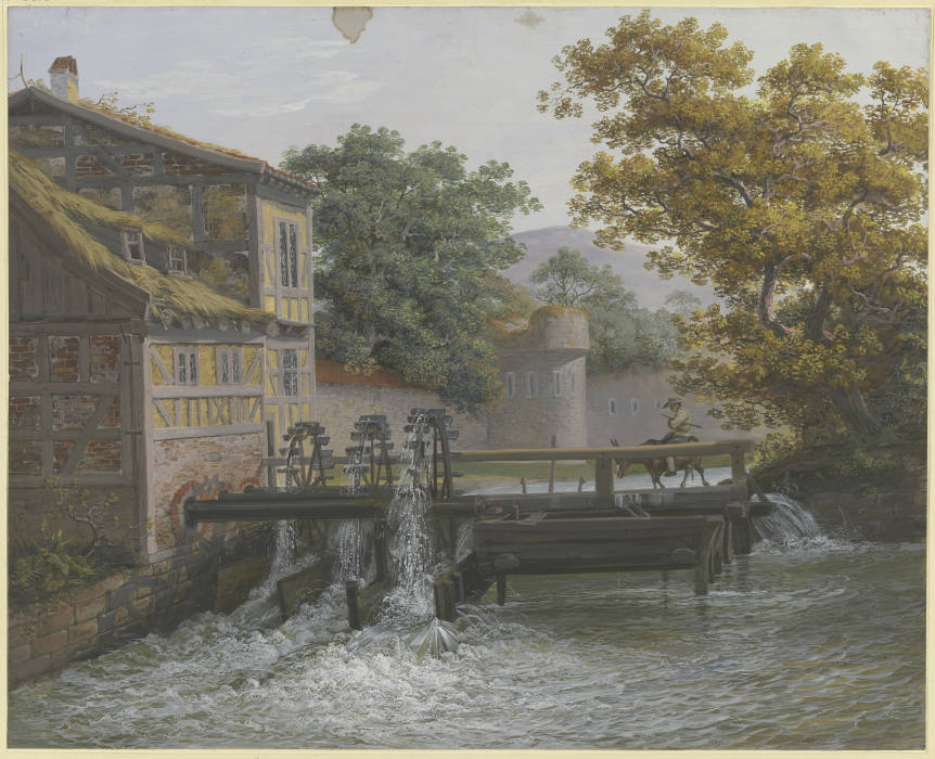 Eine Mühle mit drei Gängen, auf der Brücke ein Mann auf einem Esel od Polyxene Basse