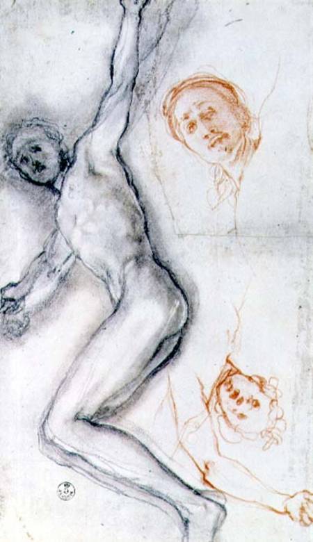Study of Christ nailed to the cross, the head rehearsed twice (black and red od Pontormo,Jacopo Carucci da
