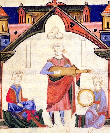 Fol.12v Musicians playing the guitar and tambourine, from the ''Chansonnier des Nobles'' od Portuguese School
