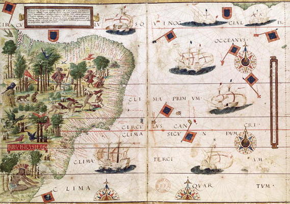 Brazil from the 'Miller Atlas' by Pedro Reinel, c.1519 (see 199955 for detail) od Portuguese School, (16th century)