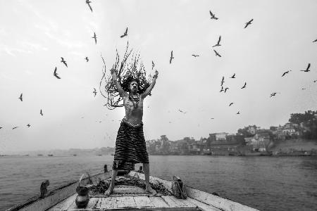 Naga Sadhu posing on boat at varanasi