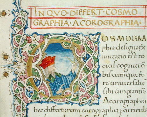 Ms Lat 463 fol.21r Historiated initial 'C' with a portrait of Ptolemy (c.90-168) from a Map of the W od Ptolemy