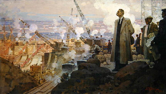Maxim Gorky (1868-1936) at the Building of the Hydroelectric Power Plant 'DnieproGES', 1951 (oil on od Pyotr Ivanovich Kotov