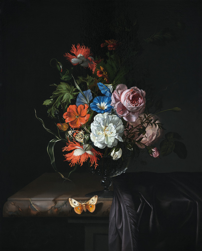 A Still Life of Flowers in a vase on a ledge od Rachel Ruysch