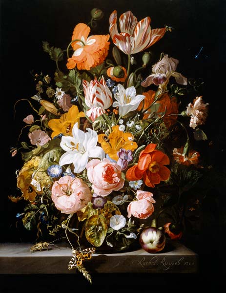Still life of roses, lilies, tulips and other flowers in a glass vase with a Brindled Beauty on a st od Rachel Ruysch