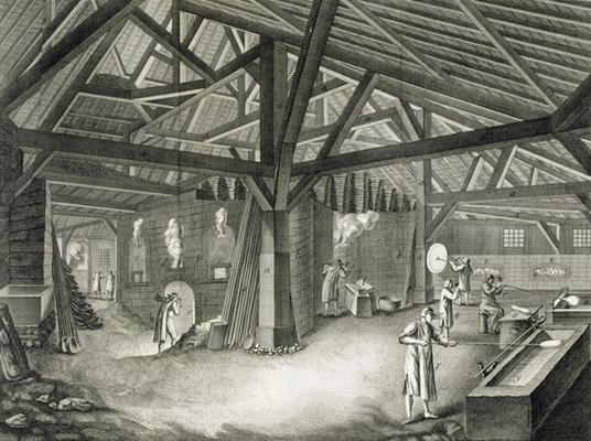 Glassmaking factory, from the 'Encyclopedia' by Denis Diderot (1713-84), engraved by Robert Benard ( od Radel