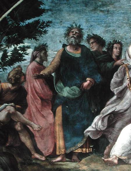 The Parnassus, detail of Homer, Dante and Virgil, in the Stanze della Segnatura od (Raffael) Raffaello Santi
