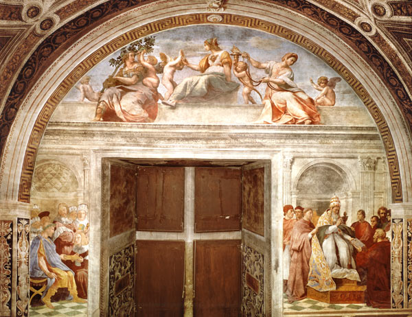 The Judicial Virtues: Pope Gregory IX approving the Vatical Decretals; Justinian handing the Pandect od (Raffael) Raffaello Santi