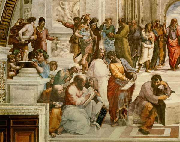 The School of Athens, detail from the left hand side showing Pythagoras surrounded by students and M od (Raffael) Raffaello Santi