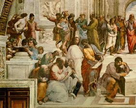 The School of Athens, detail from the left hand side showing Pythagoras surrounded by students and M