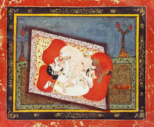 'The posture of the crow' from the Kama Sutra, ecstatic oral intercourse between a prince and a lady od Rajput School