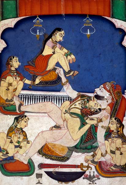 'Bull among the Cows' from 'the Kama Sutra'; a Prince enjoying five women, Kotah, Rajasthan od Rajput School
