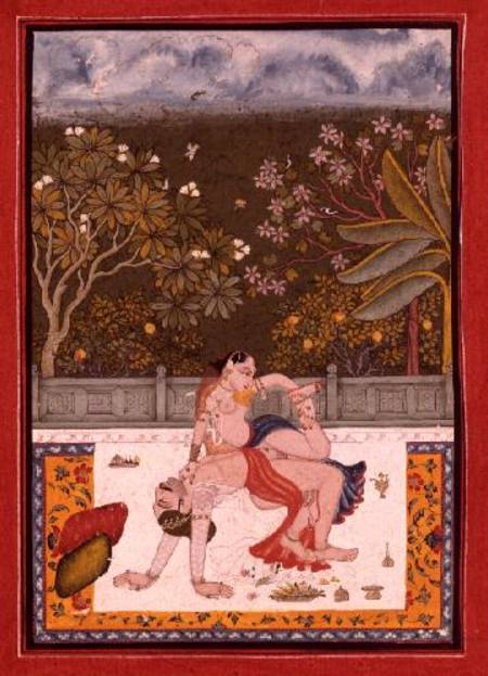 A prince and a lady in a combination of two canonical erotic positions listed in the `Kama Sutra', B od Rajput School