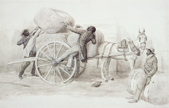 Negroes loading Cotton Bales at Charleston (pen & wash on paper) od Randolph Caldecott