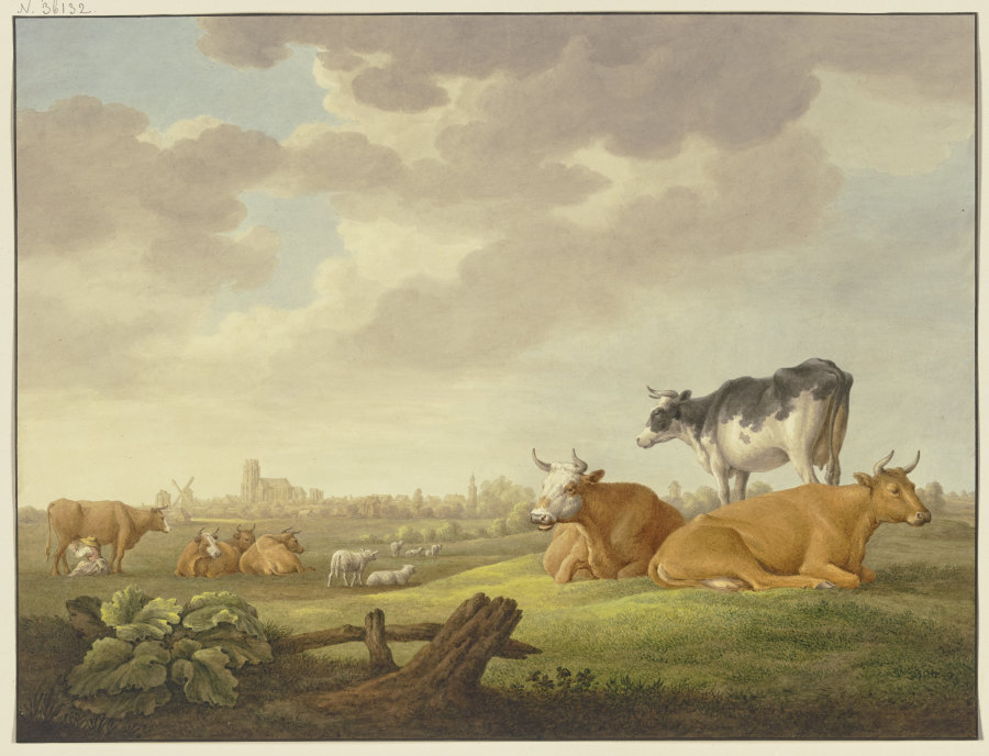 Auf einer Wiese Kühe und Schafe, in der Ferne eine Stadt, links eine Melkerin od Regnu