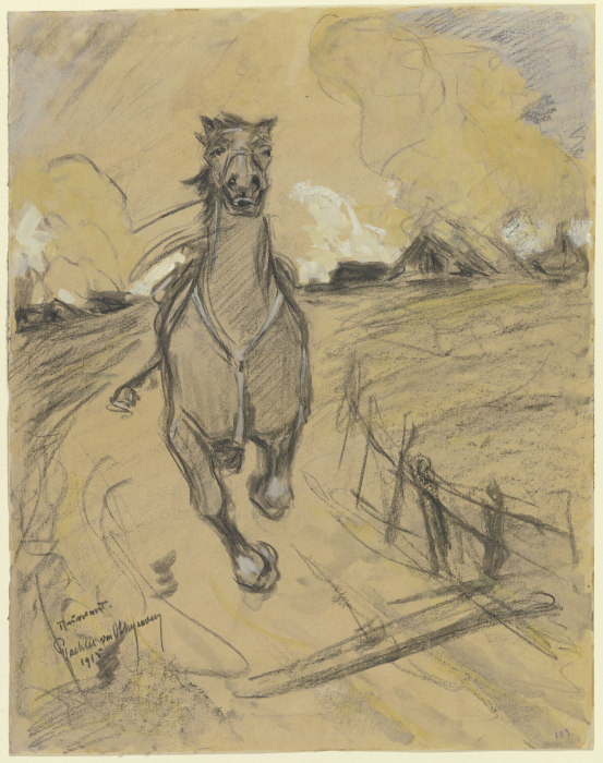 Gesatteltes reiterloses Pferd auf der Flucht, im Hintergrund ein brennendes Dorf od Reinhard Pfaehler von Othegraven