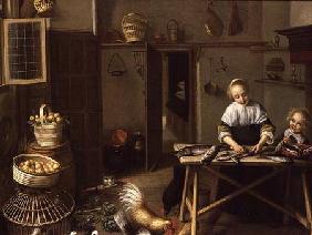 A Woman Preparing Fish in her Kitchen