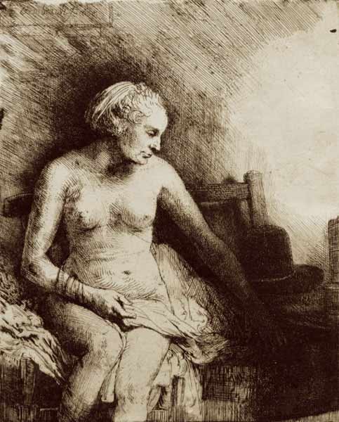 Nackte Frau auf einer Bank od Rembrandt van Rijn