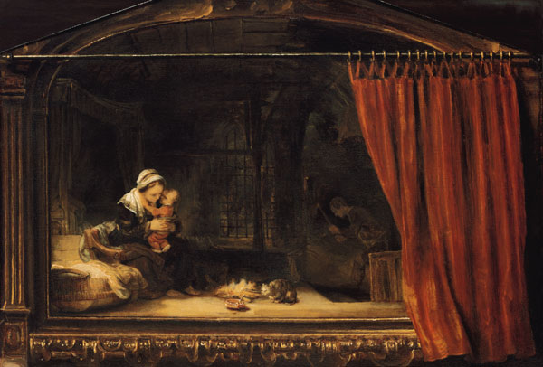 The Holy Family with a curtain (so-called Holzhackerfamilie) od Rembrandt van Rijn