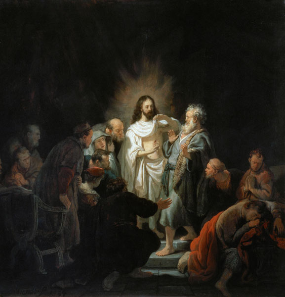Jesus risen from the dead shows the apostle Thomas for his wounds od Rembrandt van Rijn