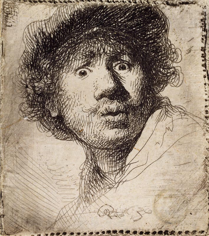 Self-Portrait in a cap, wide-eyed and open-mouthed od Rembrandt van Rijn