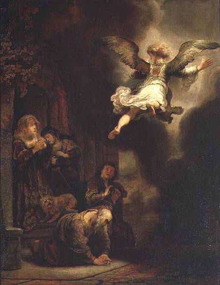 The Archangel Raphael Taking Leave of the Tobit Family od Rembrandt van Rijn