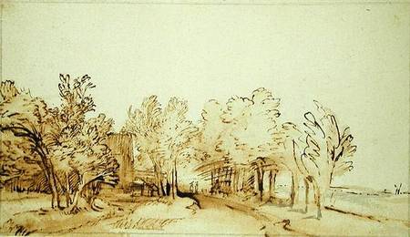 Avenue with a footpath and a farmhouse on the left od Rembrandt van Rijn