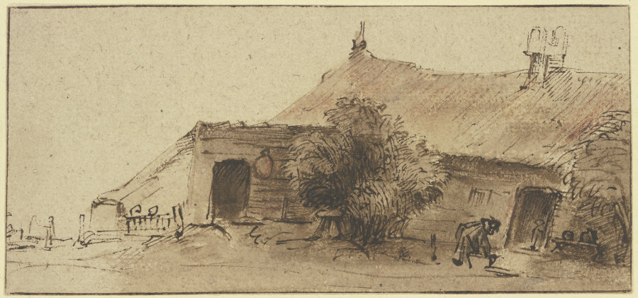 Bauernhaus, davor ein Baum und eine sich bückende Figur od Rembrandt van Rijn