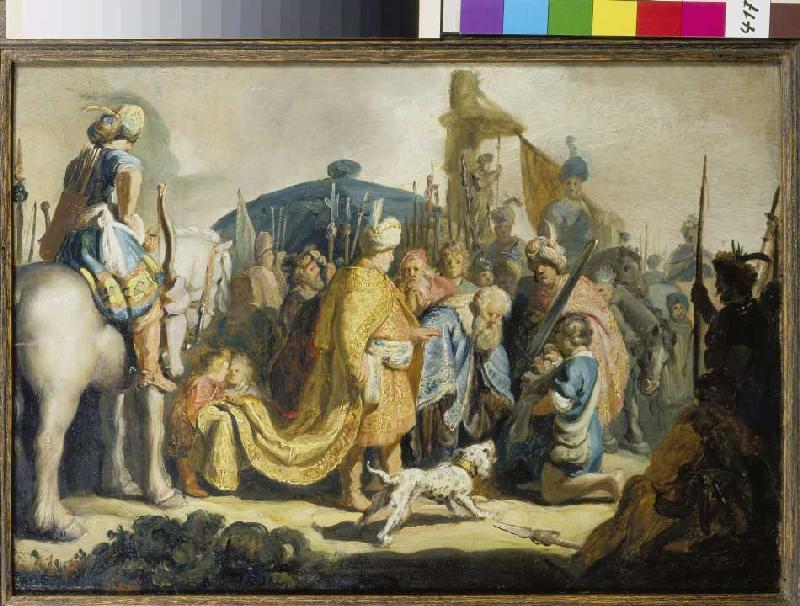 David submits the head of Goliath to king Saul. od Rembrandt van Rijn