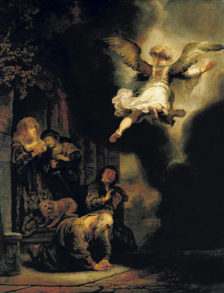 The archangel Raphael leaves the family of Tobias. od Rembrandt van Rijn