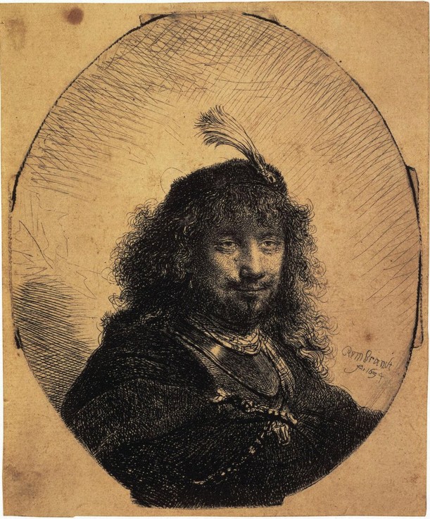 Self-Portrait in a Cap with a Plume and a Sabre od Rembrandt van Rijn