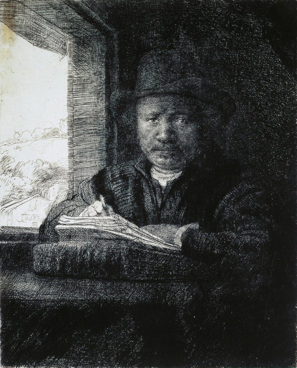 Self-Portrait Drawing by a Window od Rembrandt van Rijn
