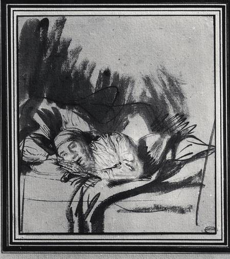 Sick woman in a bed, maybe Saskia, wife of the painter od Rembrandt van Rijn