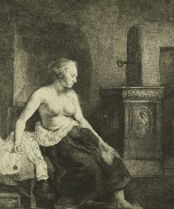 Sitzende Frau an einem Ofen od Rembrandt van Rijn