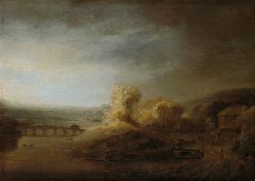 Rembrandt / Landscape with arch bridge.