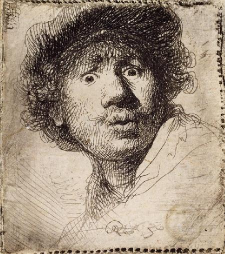 Self-Portrait in a cap, wide-eyed and open-mouthed