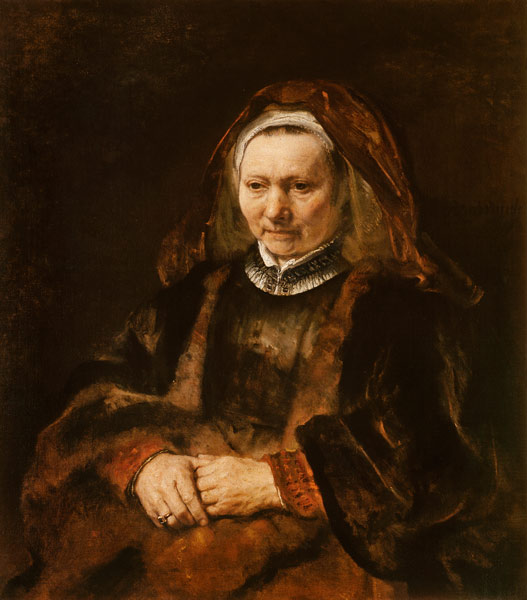 Portrait of an old woman with fanfolded hands od Rembrandt (Werkstatt)