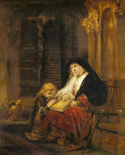 The prophet Hannah in the temple, Samuel's prayer testing. od Rembrandt (Werkstatt)