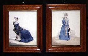 Two portraits of a Seated and a Standing Lady in Blue Dresses