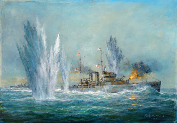 HMS Exeter engaging in the Graf Spree at the Battle of the River Plate od Richard  Willis