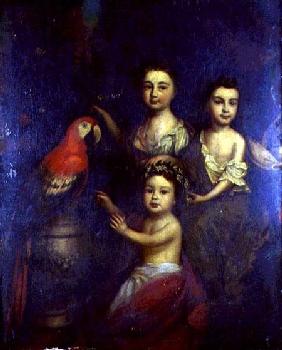 Portrait of Three Children with a Macaw
