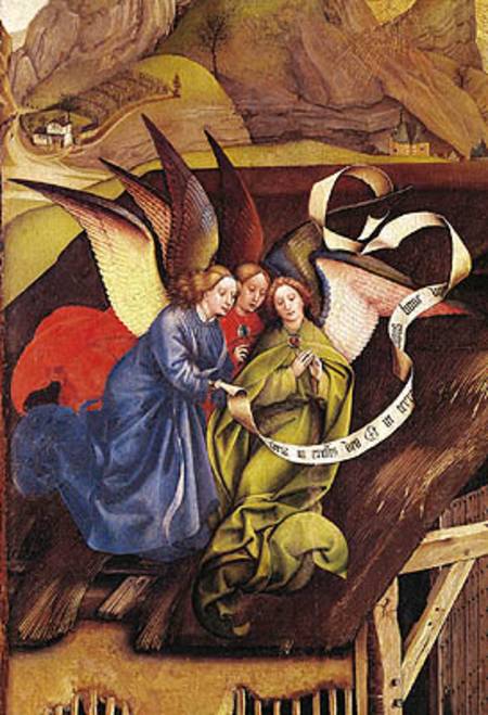 Nativity, detail of three angels od Robert Campin