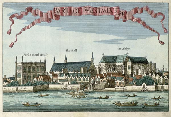 Westminster showing the Abbey, Hall and Parliament House, from ''A Book of the Prospects of the Rema od Robert Morden