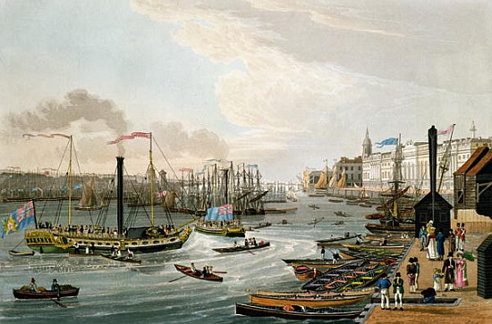 A View of London Bridge and the Custom House, with the Margate Steam Yachts, pub. 1820 Colnaghi & Co od Robert the Elder Havell